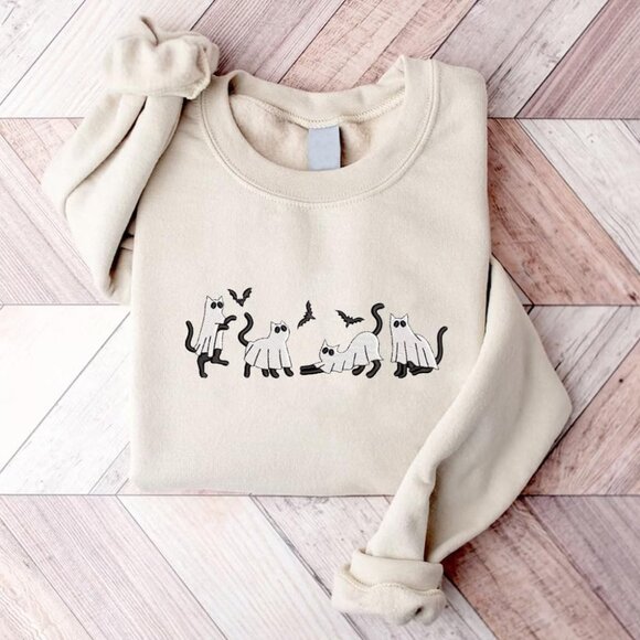 Halloween Ghost Cat Sweatshirt Cotton Fall Spooky Season Fun Unisex - Picture 2 of 6